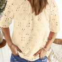 BETTE BOUTIK Womens Lace Tops 2025 Trendy Long Short Sleeve Eyelet Embroidered Dressy Casual Blouse Shirts (Small, Beige)