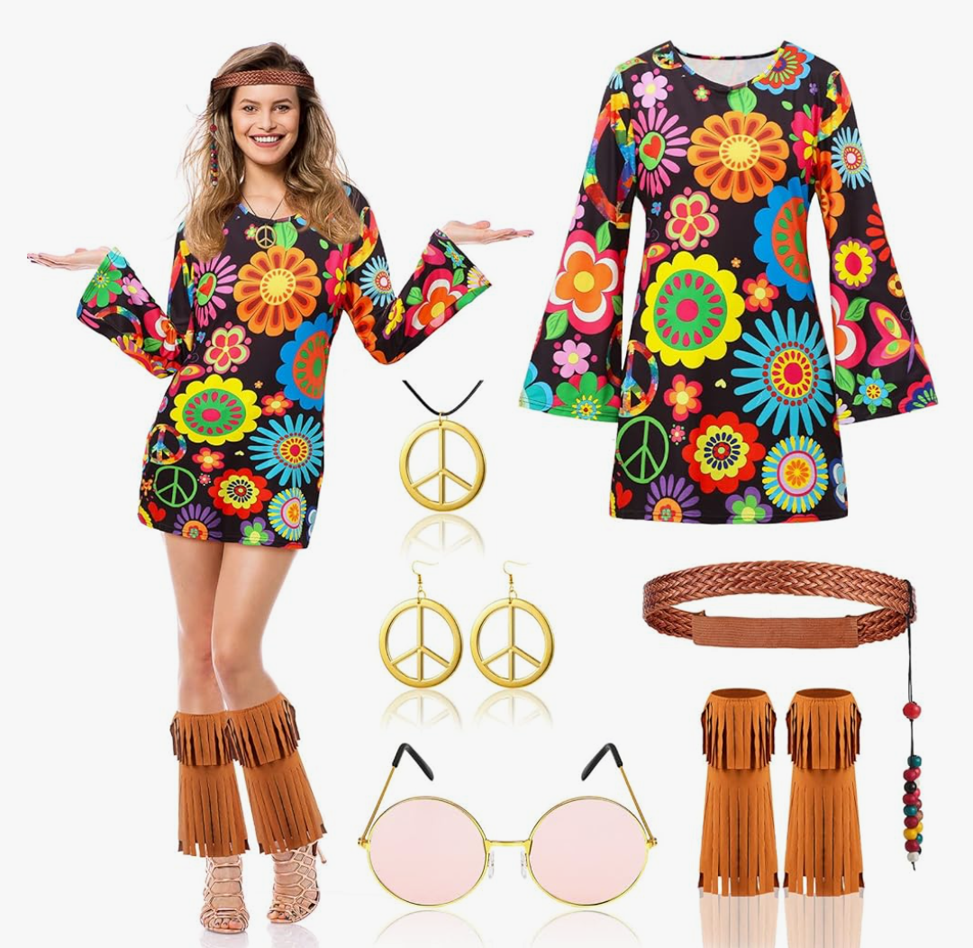 Jinei Women's 60s 70s Hippie Costume Hippie Outfit for Women Disco Dress Set Retro Accessories Halloween Party, Large