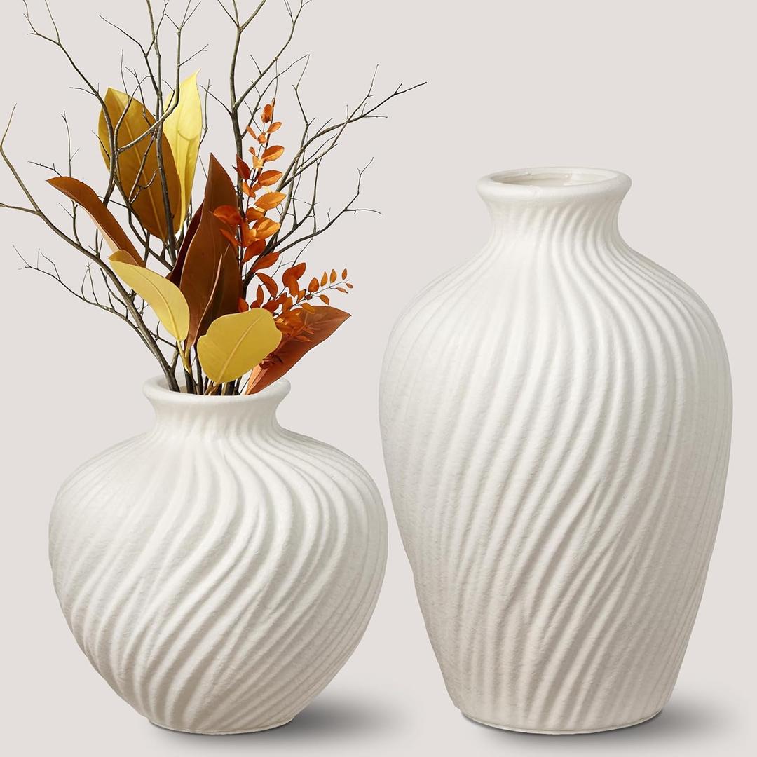 White Ceramic Vase Set of 2 - Modern Flower Vases for Home Decor - Rustic Textured White Vase for Living Room Decor - 8.655.5 & 5.55.5 Inch Round Vases for Dining Table Centerpiece Decoration