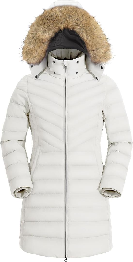 Pioneer Camp Women's Winter Coats Warm Thicken Long Puffer Jacket Waterproof Quilted Parka with Removable Faux Fur Hood (XX-Large, Brilliant White)
