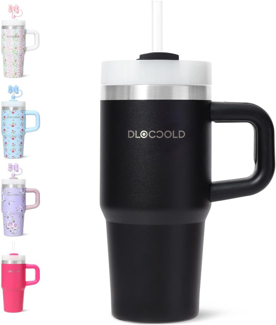 DLOCCOLD 16 oz Stainless Steel Tumbler with Lid and Straw, Double Wall Vacuum Insulated Travel Tumbler with Straw Cover Cap, Reusable Travel Coffee Mug, Cupholder Friendly, Leak Resistant (Black)