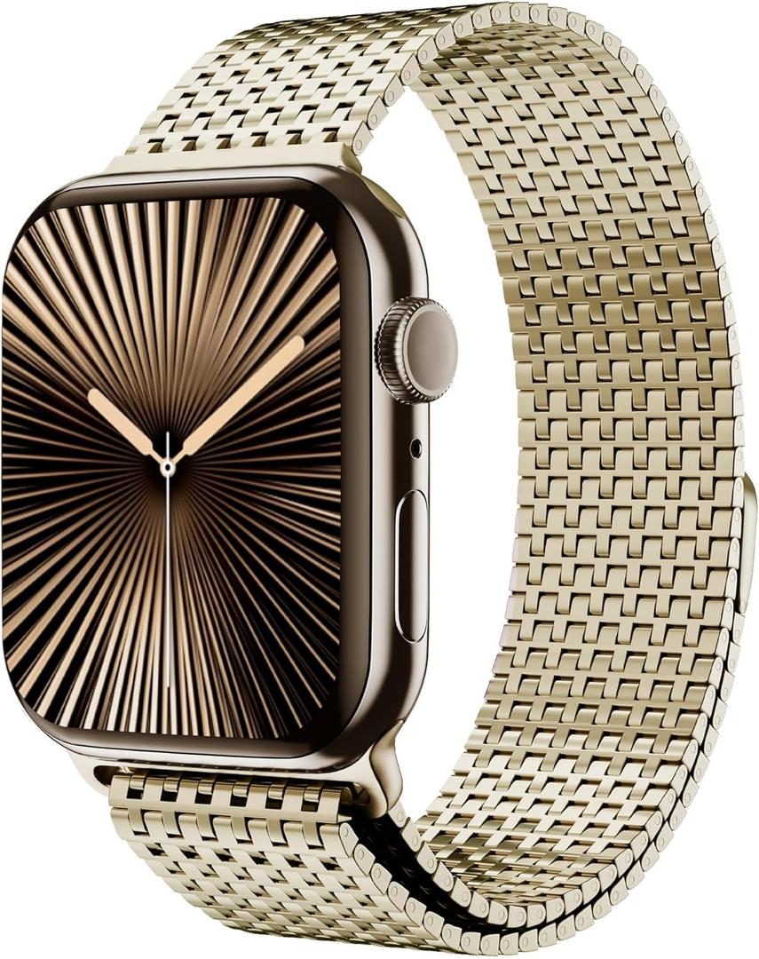 LULULOOK Milanese Mesh Loop Compatible with Apple Watch Band 49/46/45/44/42/41/40/38mm for Men Women, Stainless Steel Magnetic Buckle Strap for iWatch Ultra 3/2 Ultra Series 11 10 9 8 7 6 SE 5 4 3 (Light Gold)