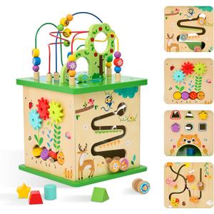 OOOK 5 in 1 Large Activity Cube, Forest-Themed Activity Cube for 1 Year Old, 13.4 x 13.4 x 22.2 inches