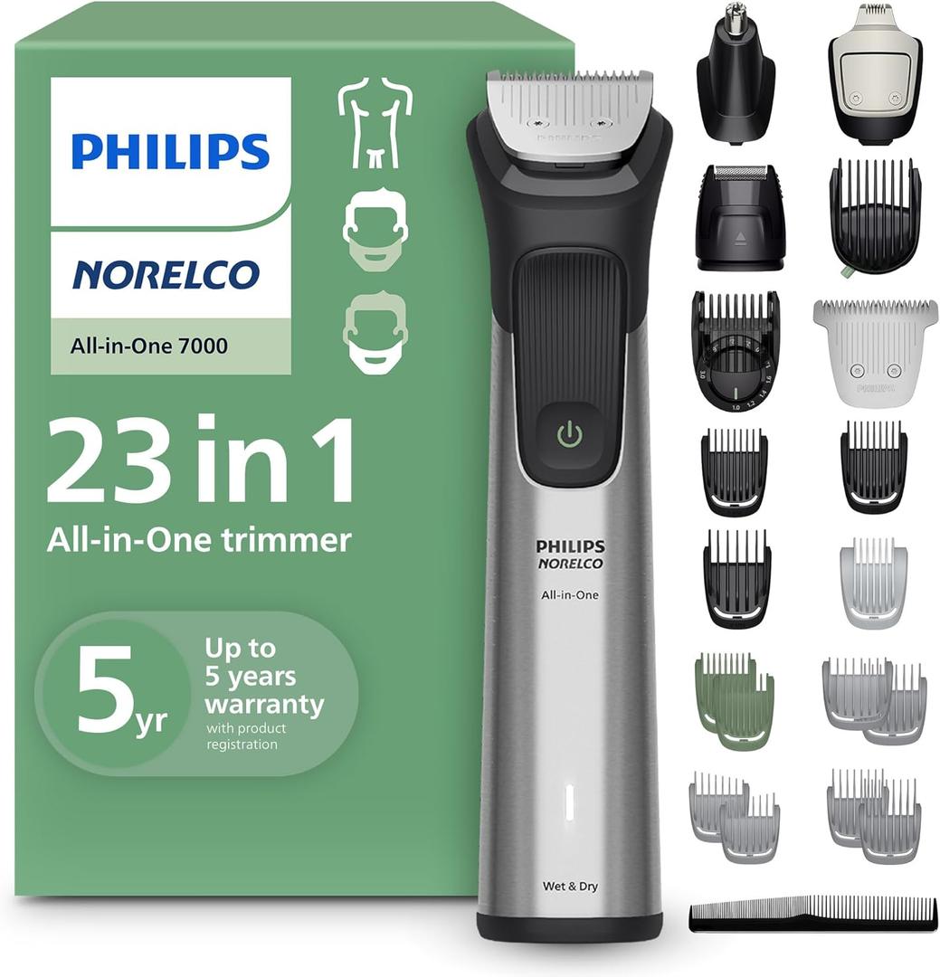 Norelco Philips All-in-One 7000 Series 23-Piece Trimmer - Electric Shaver and Clipper for Face, Beard, Head & Body, Self-Sharpening Titanium Blades, 26 Length Settings (0.5-16 mm), MG7970/49