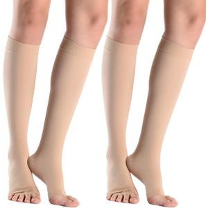 Gocushra 2 Pairs 20-30 mmHg Graduated Compression Socks for Women & Men, Open Toe Knee High stocking, Support Circulation, Travel & Daily Comfort (20-30mmHg Beige 2Pairs, Medium)