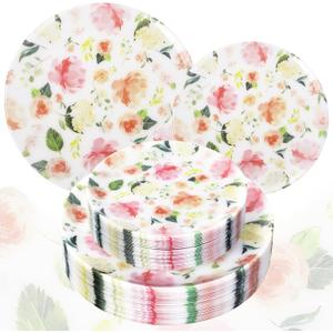 60 PCS Floral Plastic Plates - Pink Disposable Decorative Plates Include 30 Dinner Plate, 30 Dessert Plate for Wedding & Tea Party & Spring