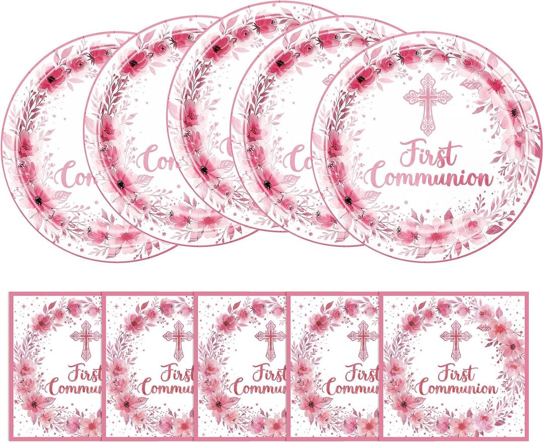 First Communion Decorations Cross Floral Paper Plates and Napkins Set, 9 Inch Disposable Baptism Plates and Napkins, Christening Decorations Primera Comunion Decoracion Party Supplies