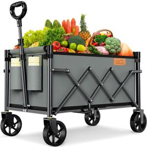 Collapsible Wagon Cart Foldable with 220lbs Weight Capacity, Lightweight Portable Folding Grocery Shopping Cart with Wheels for Camping Sports Beach and Shopping, Grey (Gray)