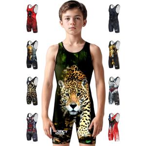Exxact Sports Sublimated Adult & Youth Wrestling Singlet - Premium Powerlifting Singlet for Men & Boys, Unisex Singlets (Medium, Leopard)