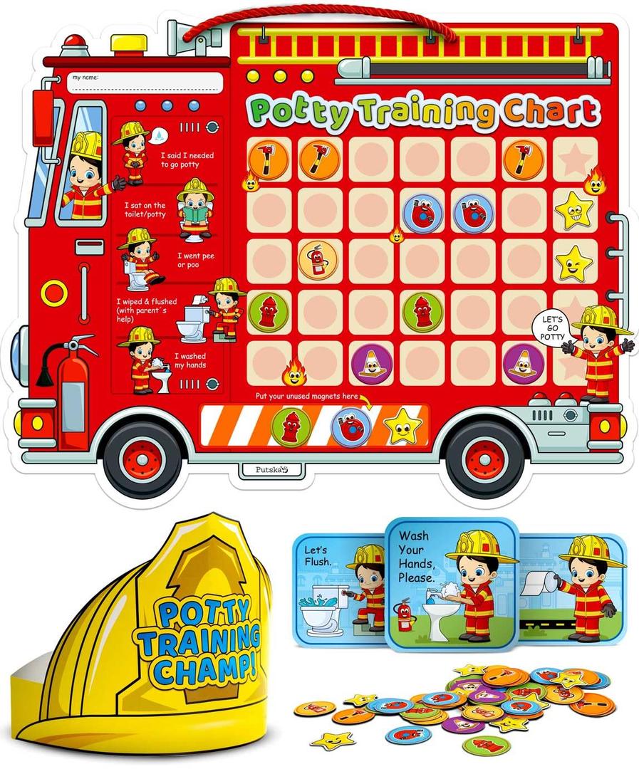 Potty Training Chart with 35 Stickers, 3 Reminder Stickers and Crown for Toddlers Boys and Girls - Potty Training Rewards for Kids - Fireman
