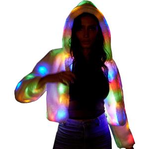 LED Faux Fur Jacket for Women Light up Rave Outfits Glow Costume for Parties (Small)