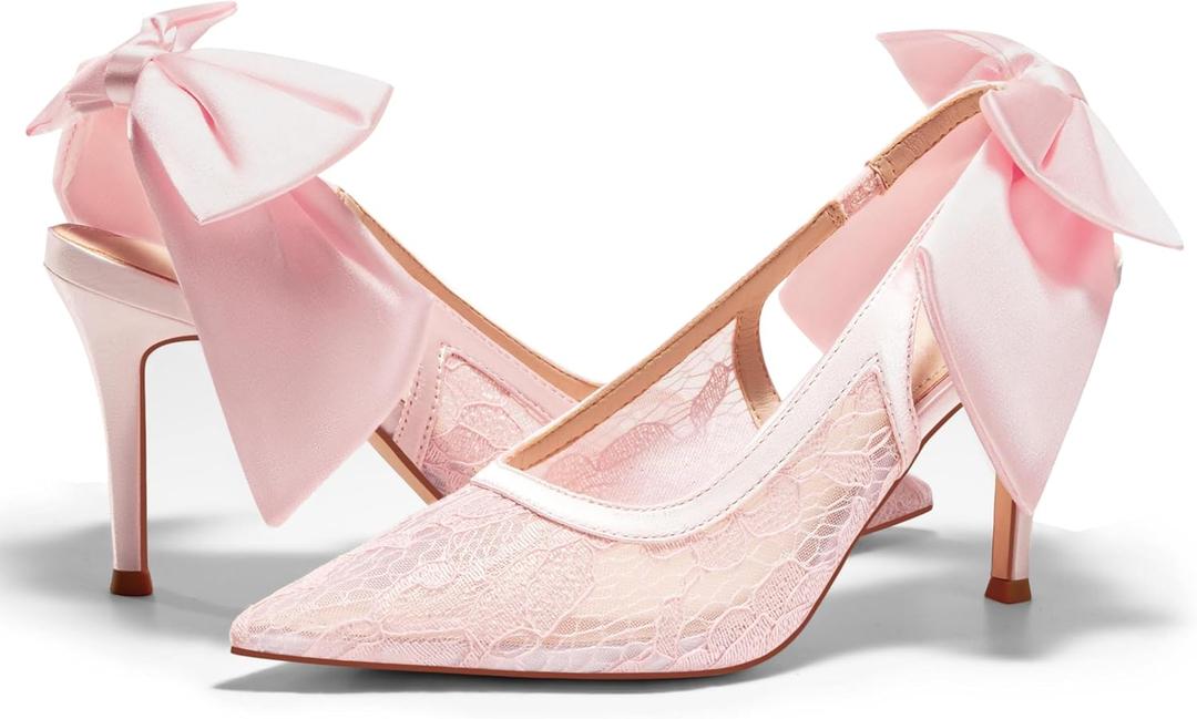 Coutgo Womens Slingback High Heels Bow Closed Pointed Toe Lace Patchwork Party Dress Shoes 9.5