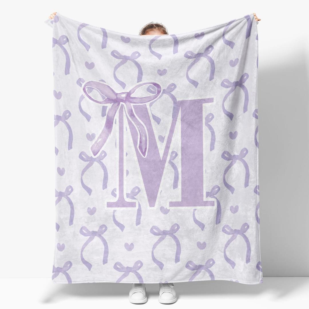 Purple Bow Throw Blanket, Personalized Initial M Soft Fluffy Cozy Flannel Blanket, Monogrammed Gifts for Daughter Women Teen Girls, Customized Blanket for Bedding Bedroom Office, 50x60 Inches
