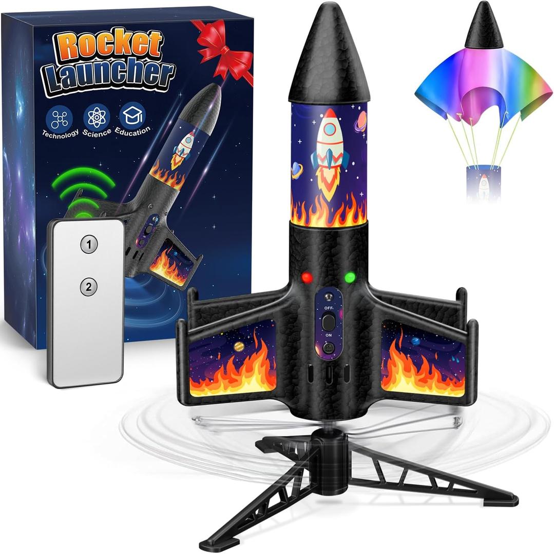 Rocket Launcher for Kids, 300 Feet Flight Altitude Rechargeable LED Spinner Rocket with Remote Control, Parachute Flying Model Rocket Toys, Electric Auto Launch Outdoor Space Toys Gifts for Ages 6-14