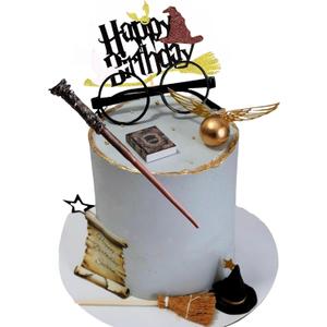 Magical Wizard Birthday Party Decorations 12PCS Set includes glasses, golden balls, wings, broom, hat, book, and wand accessories