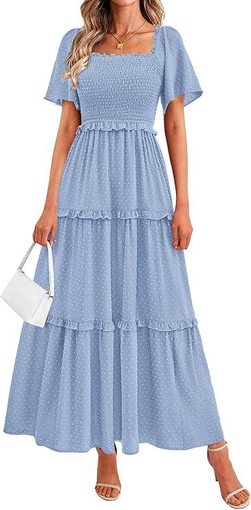 PRETTYGARDEN Summer Dresses for Women 2026 Boho Swiss Dot Smocked Square Neck Short Sleeve Spring Wedding Guest Maxi Dress, 2XL