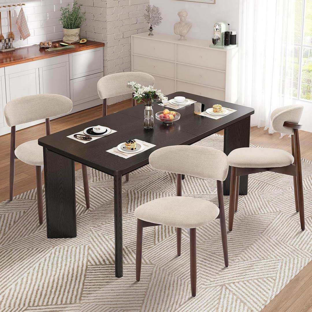 MALOL 5-Piece Rectangular Dining Table Set for 4, 63" Industrial Kitchen Table with 4 Wooden Upholstered Dinner Chairs for Dining Room, Kitchen, Living Room, Black+Beige