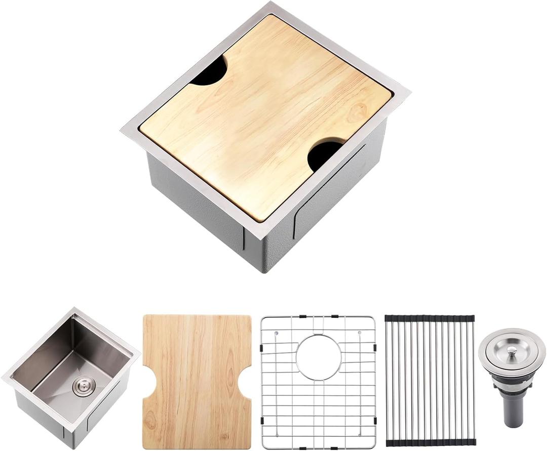 13 Inch Bar Sink Undermount Workstation,13x18 Undermount Bar Sink Small Bar Sinks 18 Gauge Stainless Steel Single Bowl Kitchen Sinks with Cutting Board