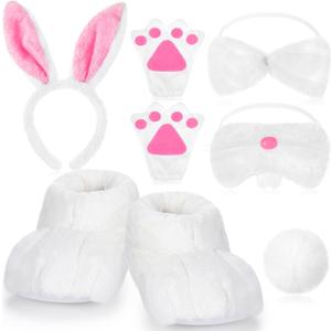 Vicenpal 8 Pieces Easter Rabbit Costume Set Bunny Shoes Headband Nose Tail Bow Tie Gloves Plush Bunny Costume Accessory for Halloween Cosplay, White Pink