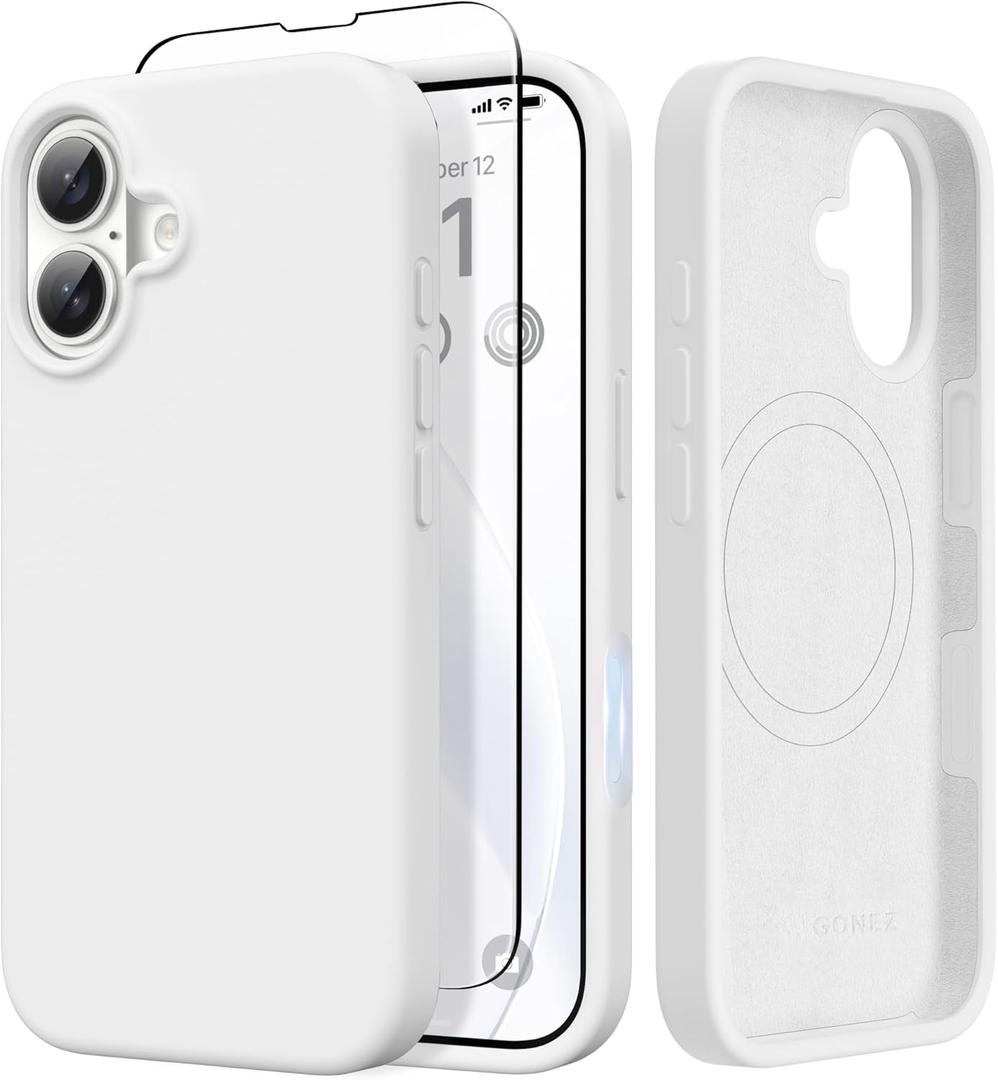 GONEZ Magnetic for iPhone 17 Case, [Compatible with MagSafe] Anti-Scratch Microfiber Lining & Screen Protector, Silicone Camera Control, Shockproof Slim Phone Cover 6.3 inch, White