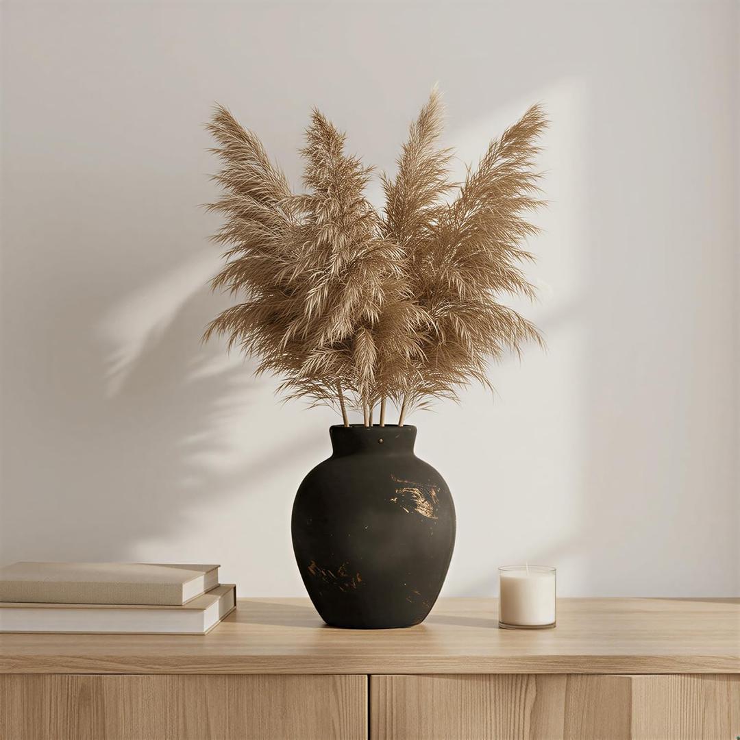 6-Inch Black Ceramic Flower Vase, Rustic Farmhouse Boho Pottery for Home Decor, Table, Shelf & Mantel