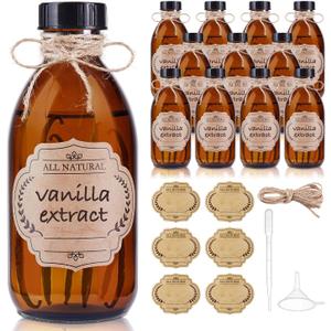12 Pack, 8 OZ Amber Glass Bottles with Caps Leakproof Refilllable Empty Brown Boston Sample Dispensing Bottles for Homemade Vanilla Extract, Essential Oils, Potion, Juice, Ginger Shots, Liquids