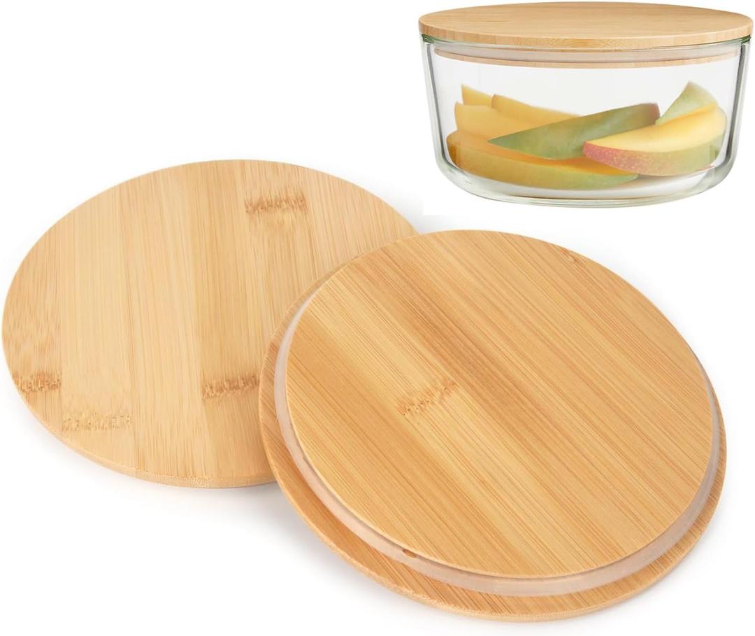 Wooden Replacement Lids Compatible with Anchor Hocking Glass Containers, 4-Cup Round, 2 Pack, Anchor Hocking Replacement Lids, Reusable Covers for Anchor Glass Food Storage, Containers Sold Separately