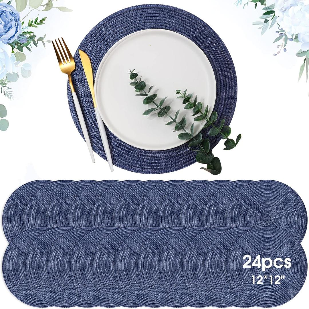 Buryeah 24 Pieces 13 Inch Christmas Round Placemats Circle Woven Place Mats Boho Decor Dining Table Mats Table Scape Hosting Friends for Wedding Birthday Dinner Parties (Fog Blue)