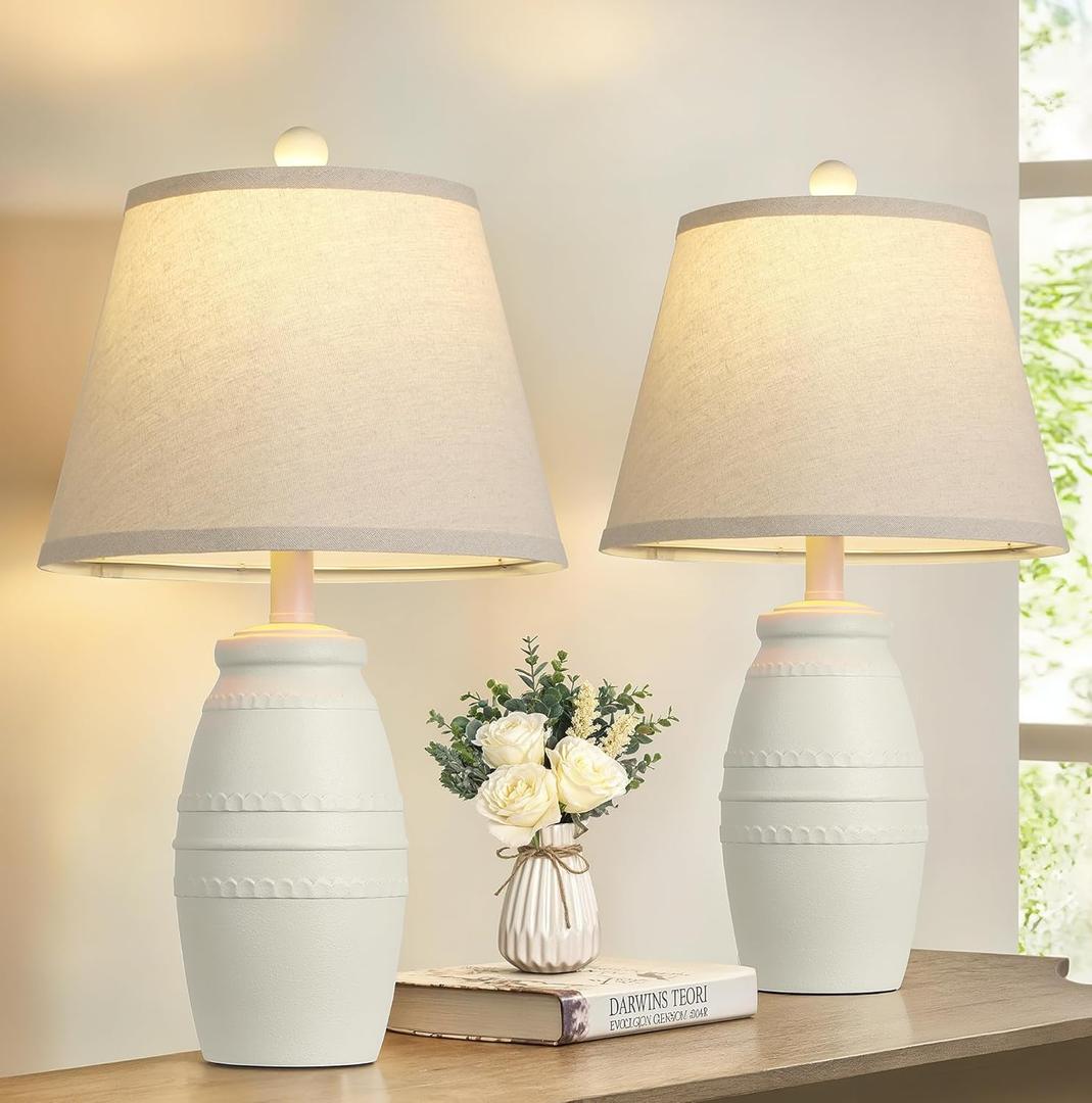 QiMH 21.5" Lamps Set of 2, Farmhouse Lamps for Living Room, Modern Table Lamp for Bedroom, Vintage Rustic Nightstand Lamp with Linen Shade, Retro Bedside Lamp for Office Home, Off-White