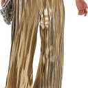heipeiwa Women's Shiny Pleated Wide Leg Pants Party Nightout High Waist Trouser Folded Lightweight Outfit Clubwear (Gold, XL)