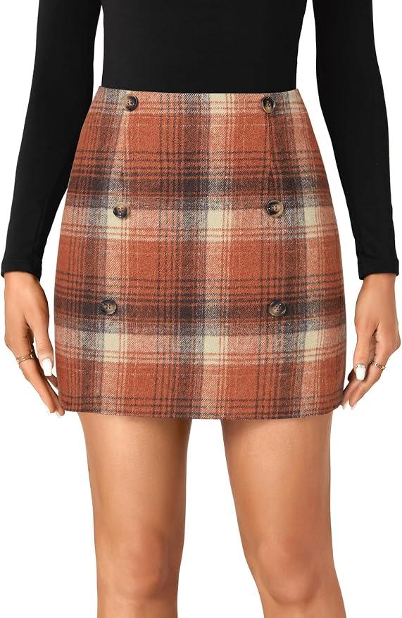 Rooscier Women's Wool Plaid High Waist Skirt Pencil Zipper Back Bodycon Mini Skirts Caramel Plaid Medium