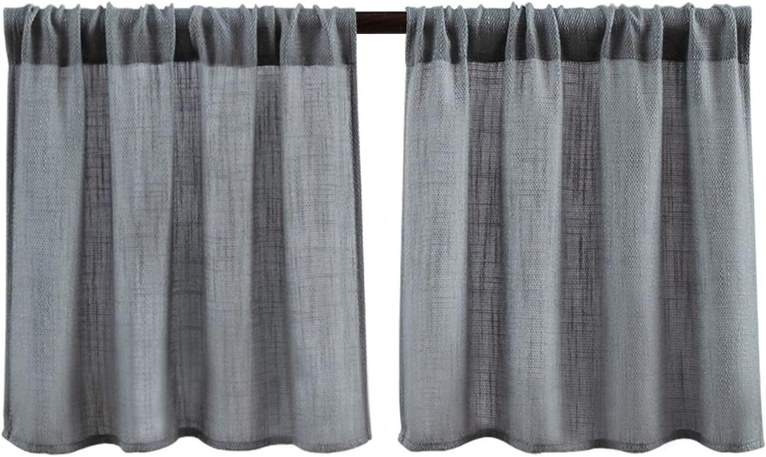 Valea Home Burlap Tier Kitchen Rod Pocket Curtains for Short Window, 24 inch Linen Cafe Style, Grey, Set of 2