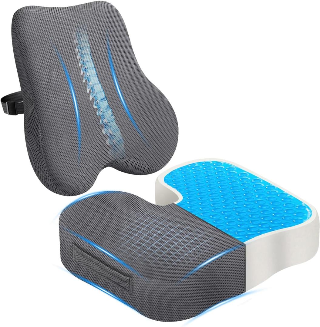 Gel-Infused Desk Chair Cushion & Memory Foam Lumbar Pillow for Sciatica Pain Relief,Breathable Mesh Cover with Non-Slip Base,Adjustable Straps and Portable Handle for Office Seat Cushion,Grey