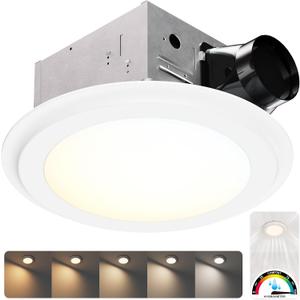 100 CFM Round Bathroom Exhaust Fan with Light and Humidity Sensor, 1.2 Sones Quiet Ceiling Mount Ventilation Fan, 5CCT Selectable Dimmable LED, Wet Rated, ETL Certified, White