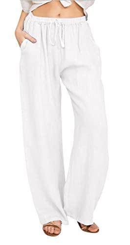 CHARTOU Women's Summer Drawstring Waist Wide Leg Loose Cotton Linen Palazzo Pants (Medium, White) S CHARTOU Women's Summer Drawstring Waist Wide Leg Loose Cotton Linen Palazzo Pants (Medium, White) S