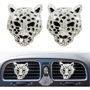 2 Pcs Bling Leopard Air Vent Clips, Crystal Car Air Fresheners Vent Clips Diffuser Vent Clip Rhinestone Leopard Decoration Car Interior Decor Bling Accessories for Women (Silver)