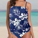 Two Piece Bandeau Tankini Swimsuits for Women Loose Blouson Swim Top with Bikini Bottom Tummy Control Bathing Suits (Blue, L)