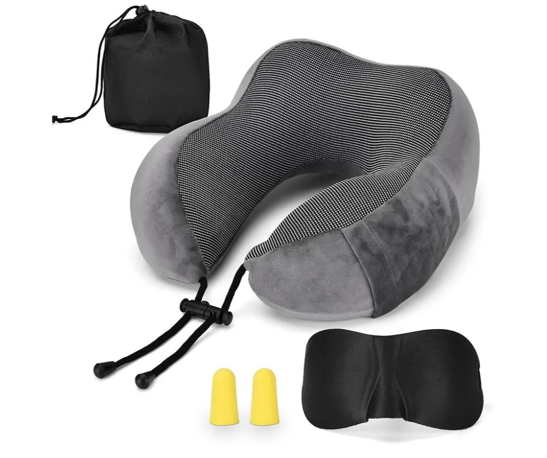 ATOMUS Neck Pillow Set with Eye Mask & Earplugs - Memory Foam Travel Pillow, Adjustable Strap, Removable Cover, 360° Support for Airplane, Office, Home