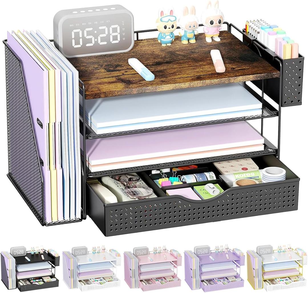 gianotter Wood Desk Organizers and Accessories with File Holder, 4-Tier Desk Accessories & Workspace Organizers with Drawer and Pen Holder, Paper Organizer for Office Supplies (Wood)