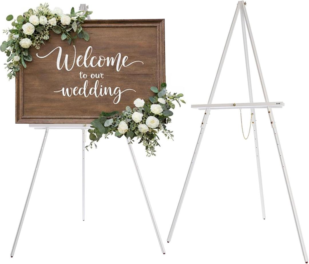DJAR 63" Wooden Easel Stand for Sign, Dual-use Adjustable Height, Wood Floor Display Easel for Wedding, Welcome Board, Poster, Picture, Photo- White