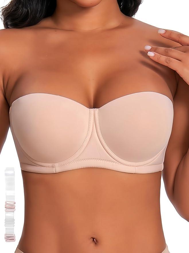 Strapless Bras for Women Large Breasts with Clear Straps, No Harm No Burn Cup 34D (Beige)