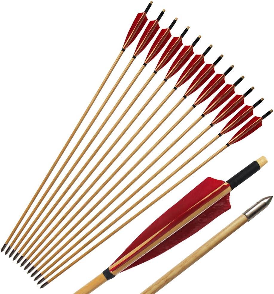 Wooden Arrows Archery Handmade Arrows 33inch Shaft with Turkey Feather Fletching for Recurve Bow Longbow Hunting Practice 12PACK (Red)