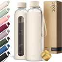 KIVY Glass Water Bottle with Silicone Sleeve 32 oz [WITH MEASUREMENT] - Borosilicate Glass Water Bottle Screw Top - Clear Bottles with Measurement Marking - Slim Waterbottle Aesthetic - Cream White