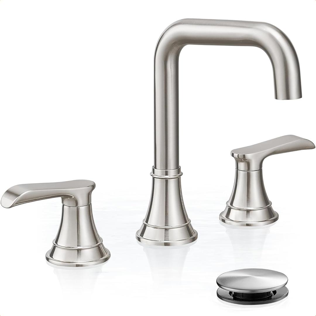 Brushed Nickel 3 Hole Bathroom Faucet Widespread, 360 Degree Swivel Vanity Faucet 8 Inch, 2 Handles for Bathroom Sink with Water Supply Hose & Pop-Up Drain, Lead-Free, 5 Mins Installation