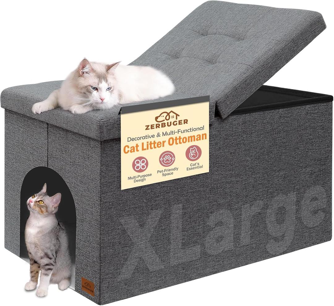 Zerbuger Cat Litter Box Enclosure Furniture for Odor Control, Hidden Cabinet Cats Litter Ottoman with Flip-Up Lid,Cat Litter Box Bench with Storage Space, Dog Proof(Grey, X-Large)