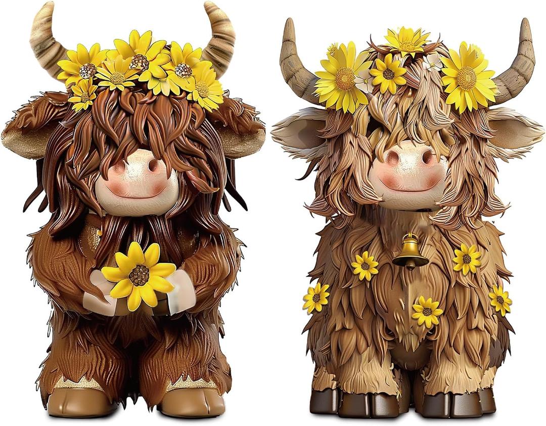 2 Pcs Highland Cow Figurines Decor Cow Gnomes with Sunflower Resin Statue Calf Lovers Gifts for Farmhouse Home Garden Bathroom Kitchen Office Tiered Tray Table Decor