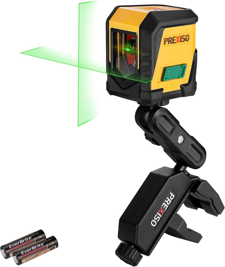 PREXISO Laser Level with Tripod, 65Ft Self Leveling Cross Line Laser Level, Green Line leveler Tool for Hanging Picture, Floor Tile, Home Renovation with LED Indicator & 2 AA Batteries (360Clamp)