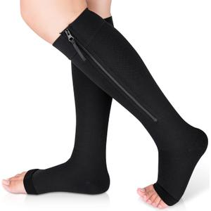 Ailaka Medical Compression Socks with Zipper, Knee High 15-20 mmHg Compression Socks for Women Men, Open Toe Support Socks for Varicose Veins, Edema, Recovery, Pregnant, Nurse (2X-Large (1 Pair), Black)