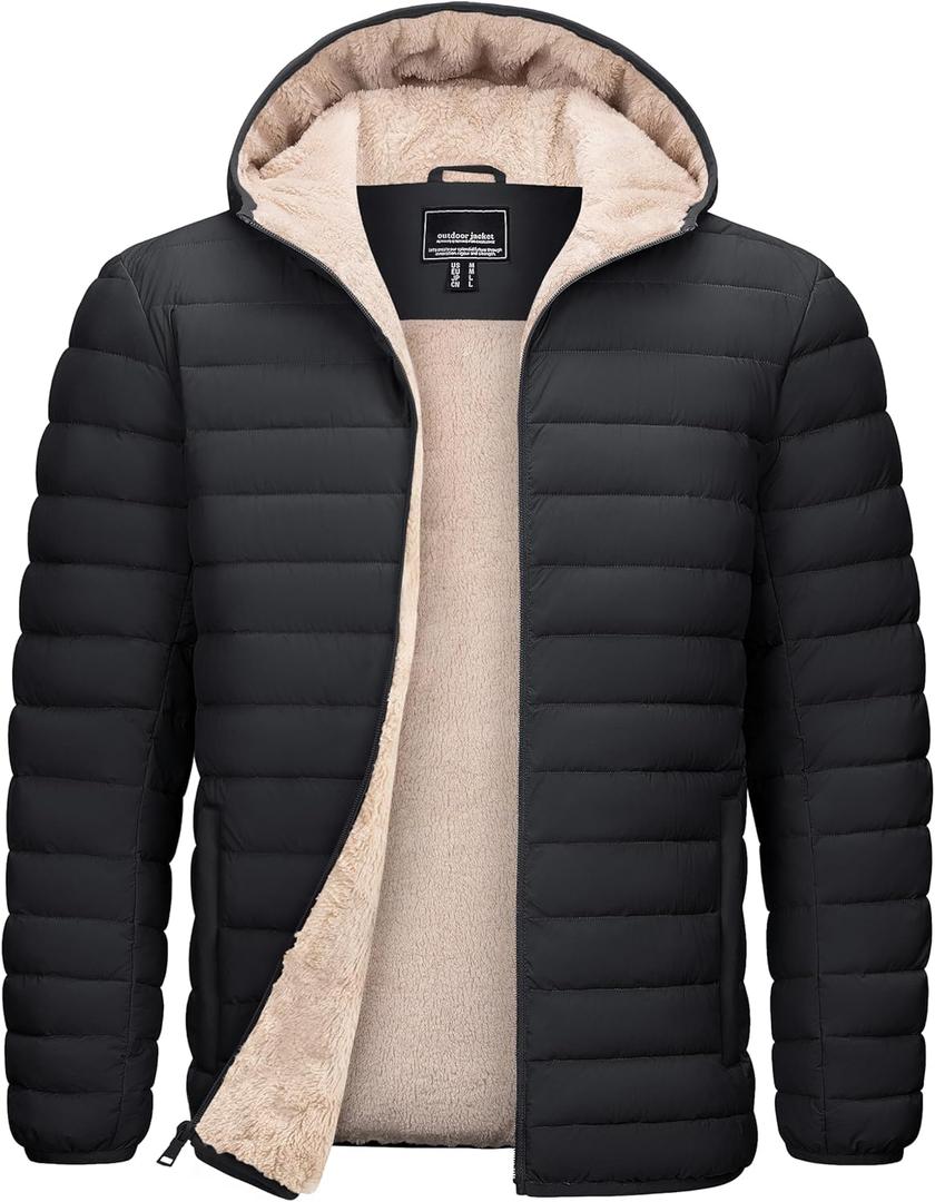 TACVASEN Men's Puffer Jacket Hooded Sherpa Lined Water Resistant Windproof Insulated Jacket Warm Winter Puffy Coat (Large, Black)