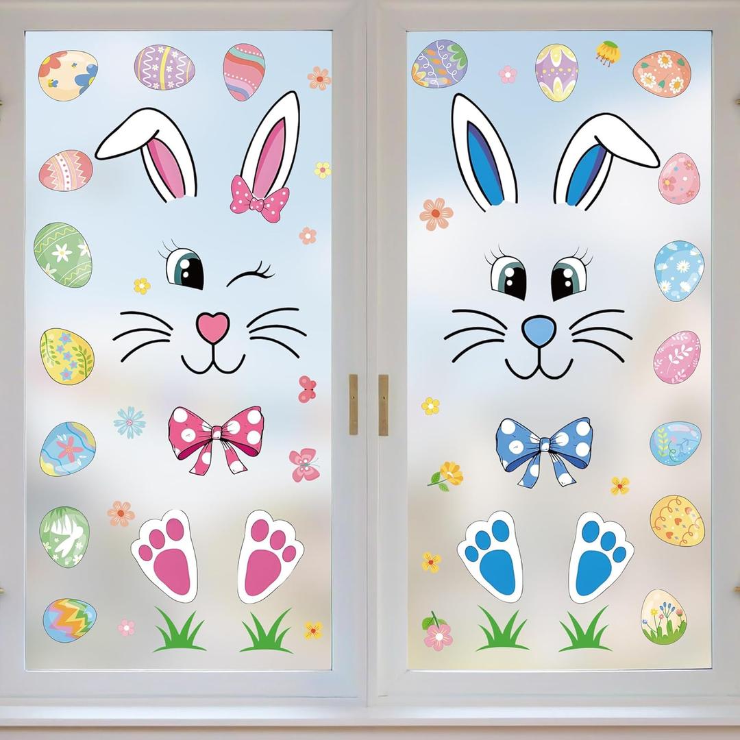 5 x Easter Bunny Window Clings, 12x24 Inch, Large Reusable Static Stickers with Eggs, Spring Decals for Window Glass Door Refrigerator